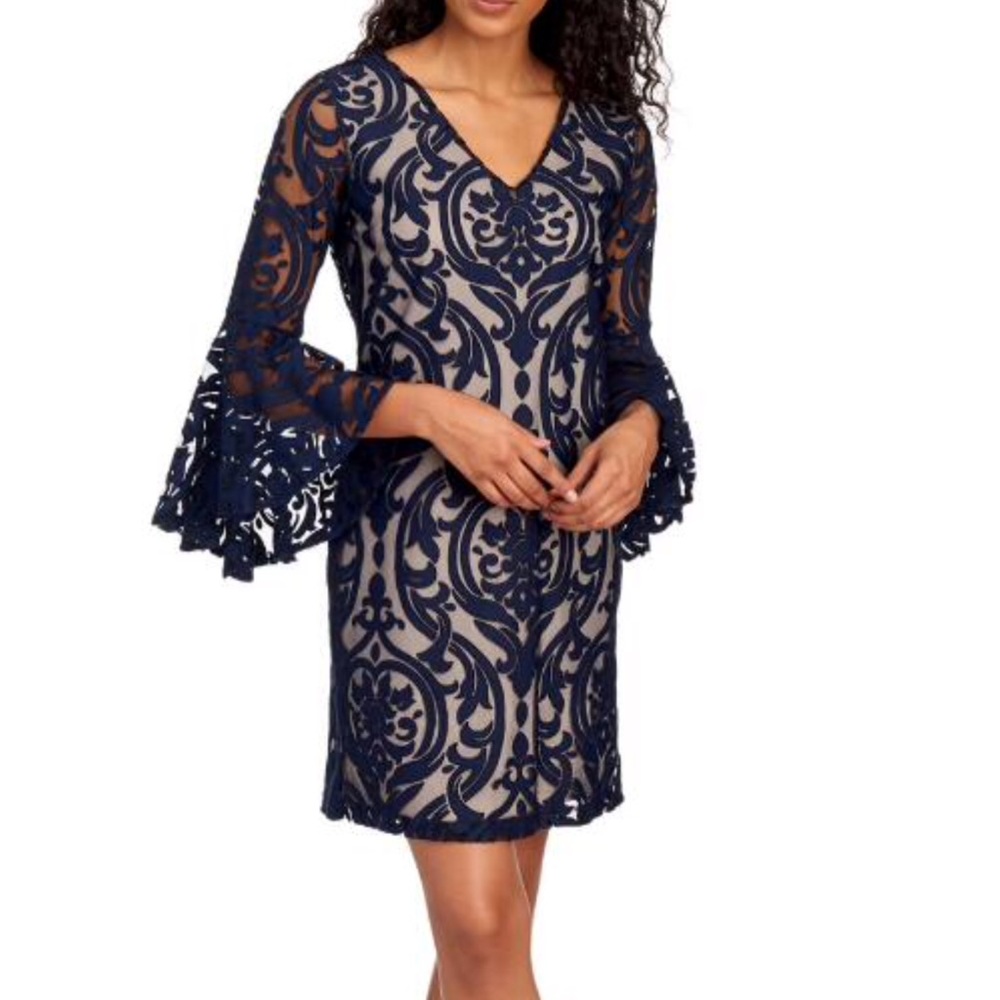 Ladies navy dress with bell sleeves